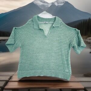 White Birch Sweater Womens 1X Green Sheer Open Knit Collared Short Sleeve
